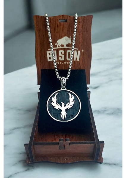 Gümüş Kaplama Krom-Çelik Erkek Kolyesi Zümrüdü Anka Kuşu Madalyon