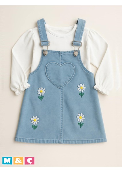 Kız Çocuk Jean Etek Salopet 2' Li Kot Etek Tulum Takım