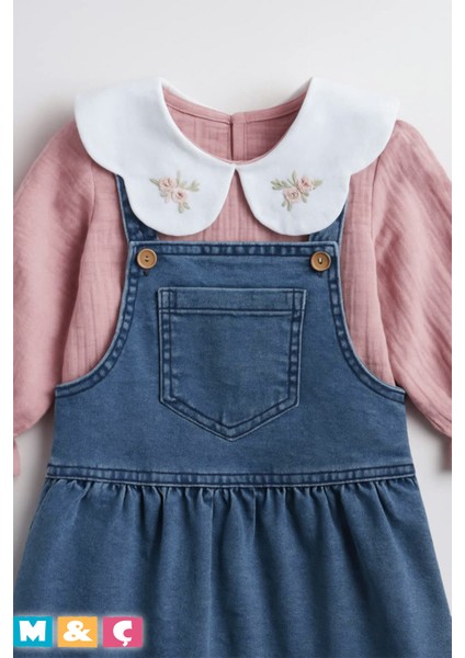 Kız Çocuk Muslin Bluz Kot Elbise 2li Kız Bebek Takımı 9-12-18-24