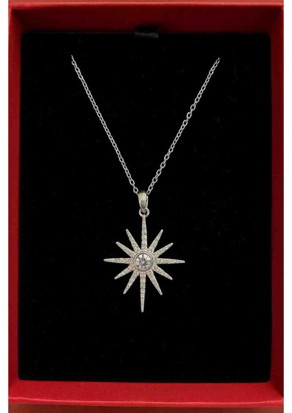 Zirkon Taşlı Gümüş Renk Kuzey Yıldızı Çelik Kolye