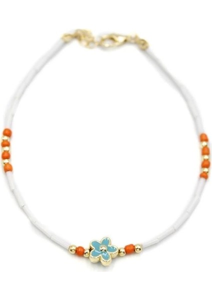 Boncuklu Çiçek Halhal - Mavi