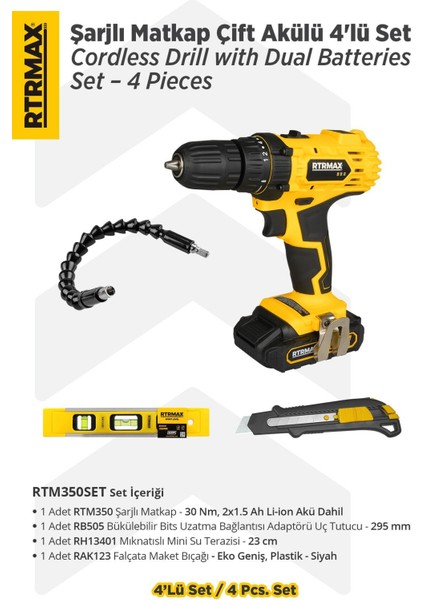 RTM350SET Şarjlı Matkap Çift Akülü 4'lü Set - Uç Tutucu-Mini Su Terazisi-Maket Bıçağı