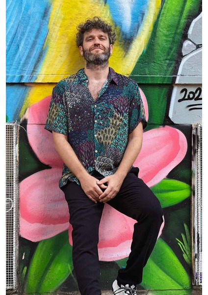 Bohem Tarz Kısa Kollu Desenli Gömlek Turkuaz