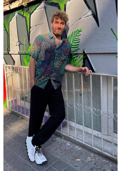 Bohem Tarz Kısa Kollu Desenli Gömlek Turkuaz fiyatları