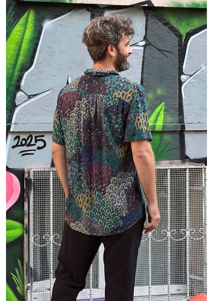 Bohem Tarz Kısa Kollu Desenli Gömlek Turkuaz modelleri