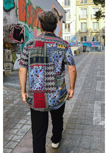 Bohem Tarz Kısa Kollu Desenli Gömlek Mavi