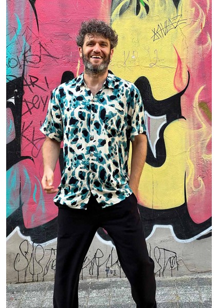 Bohem Tarz Kısa Kollu Desenli Gömlek Petrol - Bej - Siyah