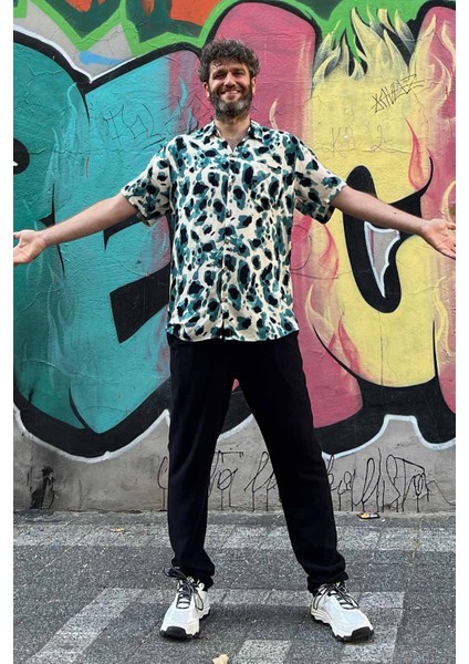 Bohem Tarz Kısa Kollu Desenli Gömlek Petrol - Bej - Siyah modelleri