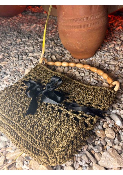 Kağıt Ip El Yapımı Çanta - Ahşap Saplı, Siyah Kurdele Detaylı, Çıtçıtlı