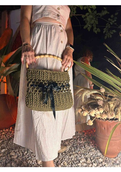 Kağıt Ip El Yapımı Çanta - Ahşap Saplı, Siyah Kurdele Detaylı, Çıtçıtlı fiyatları