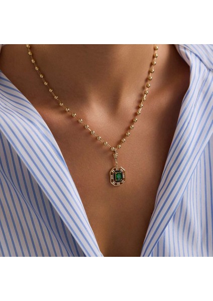 14 Ayar Özel Tasarım Yeşil Taşlı Kolye Ball Chain