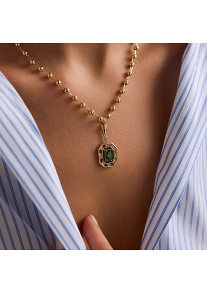 14 Ayar Özel Tasarım Yeşil Taşlı Kolye Ball Chain fiyatları