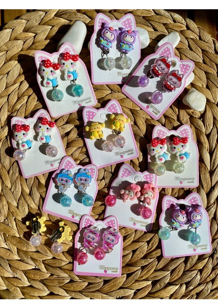 Hello Kitty Kuromi Labubu Karakterli Karışık Renk ve Model Bijuteri Boncuklu Çocuk Küpesi(3 Çift)