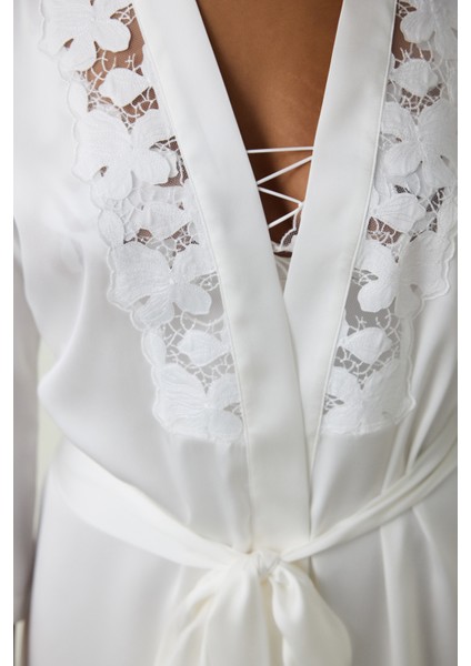 Kırık Beyaz Bridal Dantelli Gelin Sabahlık fırsatları