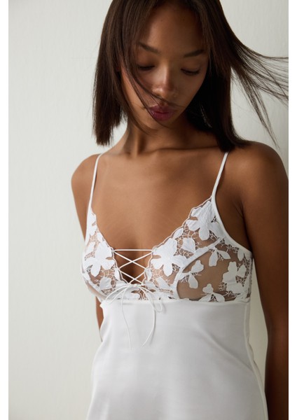 Kırık Beyaz Bridal Dantelli V Yaka Kısa Çeyizlik Gecelik fiyatları