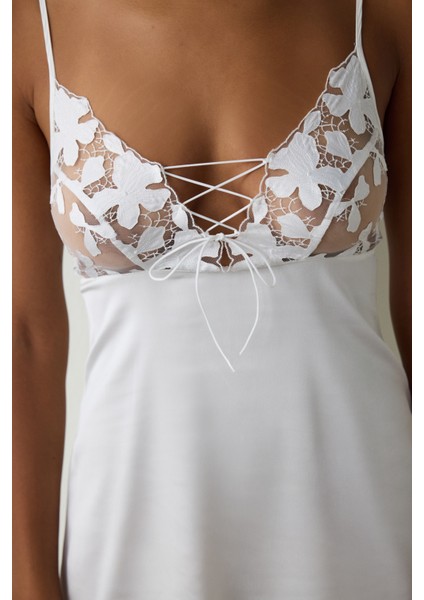 Kırık Beyaz Bridal Dantelli V Yaka Kısa Çeyizlik Gecelik modelleri