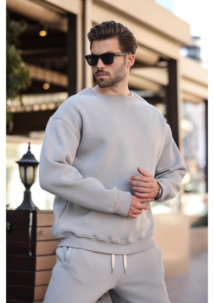 Boyalı Gri Bisiklet Yaka Basic Eşofman Takımı E7329 modelleri