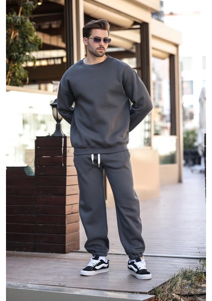 Füme Kahverengi Bisiklet Yaka Basic Eşofman Takımı E7329