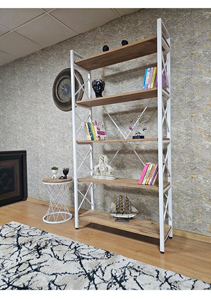 Beyaz Boyalı Kitaplık - 5 Raflı Suntalem Lüks Kitaplık Atlas Çam