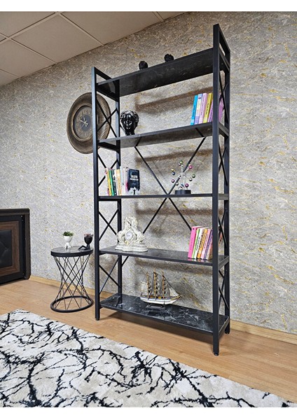 Siyah Boyalı Kitaplık - 5 Raflı Suntalem Lüks Kitaplık Siyah Mermer