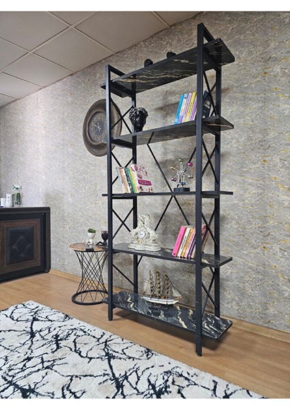 Çıkıntılı Siyah Boyalı Kitaplık - 5 Raflı Suntalem Lüks Kitaplık Luanda