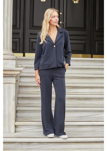 Kadın Modal Ipeksi Yakalı Kapri Kollu Cepli Pili Kaşeli Ceket Hırka Ceket -Lacivert