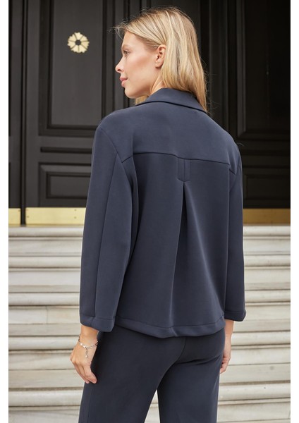 Kadın Modal Ipeksi Yakalı Kapri Kollu Cepli Pili Kaşeli Ceket Hırka Ceket -Lacivert fiyatları