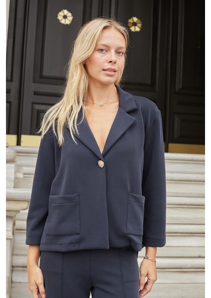 Kadın Modal Ipeksi Yakalı Kapri Kollu Cepli Pili Kaşeli Ceket Hırka Ceket -Lacivert modelleri