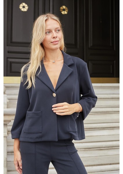 Kadın Modal Ipeksi Yakalı Kapri Kollu Cepli Pili Kaşeli Ceket Hırka Ceket -Lacivert indirimleri