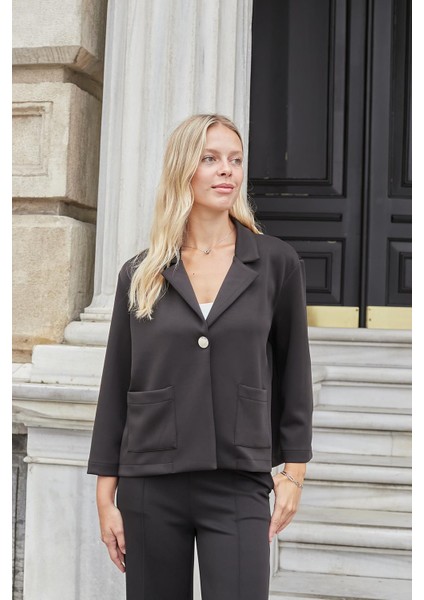 Kadın Modal Ipeksi Yakalı Kapri Kollu Cepli Pili Kaşeli Ceket Hırka Ceket -Siyah