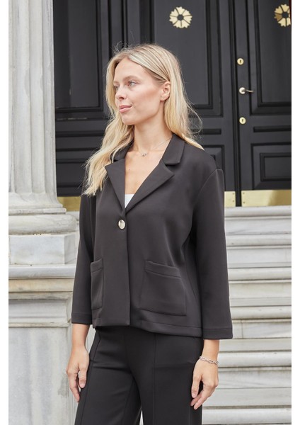 Kadın Modal Ipeksi Yakalı Kapri Kollu Cepli Pili Kaşeli Ceket Hırka Ceket -Siyah fırsatları