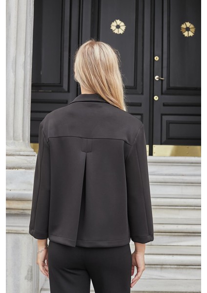 Kadın Modal Ipeksi Yakalı Kapri Kollu Cepli Pili Kaşeli Ceket Hırka Ceket -Siyah indirimleri