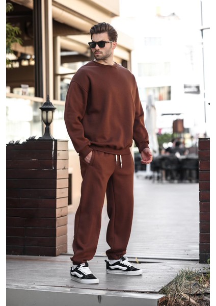 Acı Kahverengi Bisiklet Yaka Basic Eşofman Takımı E7329