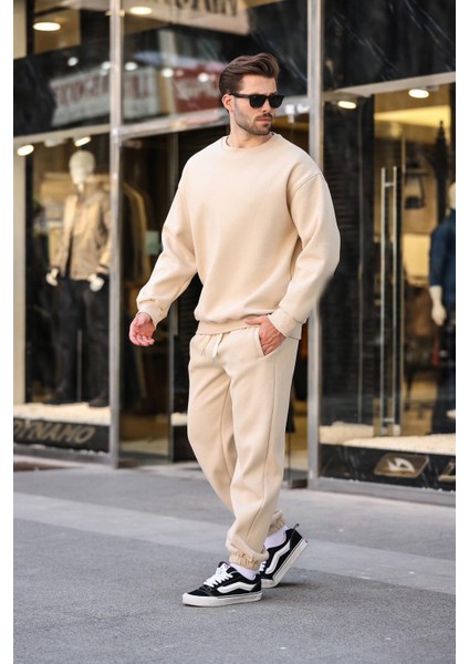 Bej Bisiklet Yaka Basic Eşofman Takımı E7329