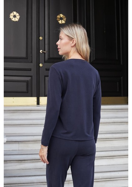 Kadın Esnek Ipeksi Modal Kumaş V Yaka Uzun Kol Düğmeli Ceket-Lacivert indirimleri