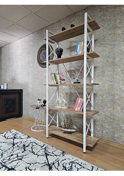 Çıkıntılı Beyaz Boyalı Kitaplık - 5 Raflı Suntalem Lüks Kitaplık Atlas Çam