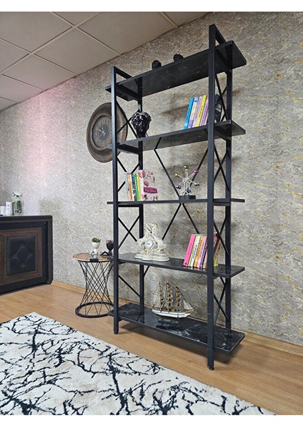 Çıkıntılı Siyah Boyalı Kitaplık - 5 Raflı Suntalem Lüks Kitaplık Siyah Mermer