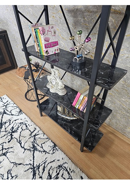 Çıkıntılı Siyah Boyalı Kitaplık - 5 Raflı Suntalem Lüks Kitaplık Siyah Mermer fırsatları