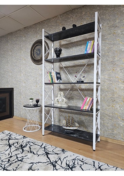 Beyaz Boyalı Kitaplık - 5 Raflı Suntalem Lüks Kitaplık Siyah Mermer