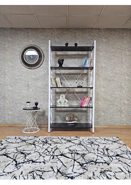 Beyaz Boyalı Kitaplık - 5 Raflı Suntalem Lüks Kitaplık Siyah Mermer fiyatları