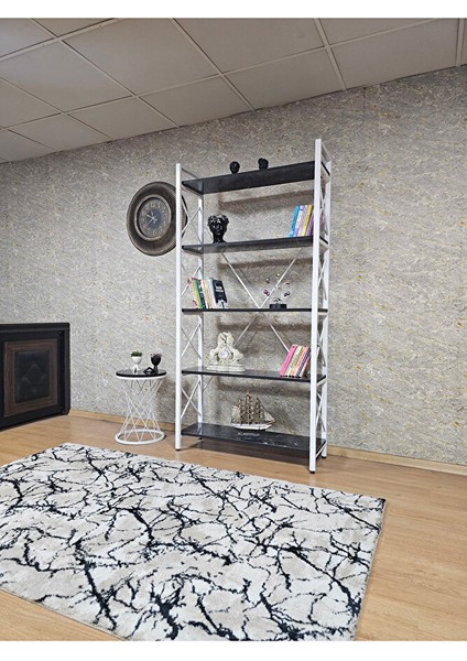 Beyaz Boyalı Kitaplık - 5 Raflı Suntalem Lüks Kitaplık Siyah Mermer modelleri