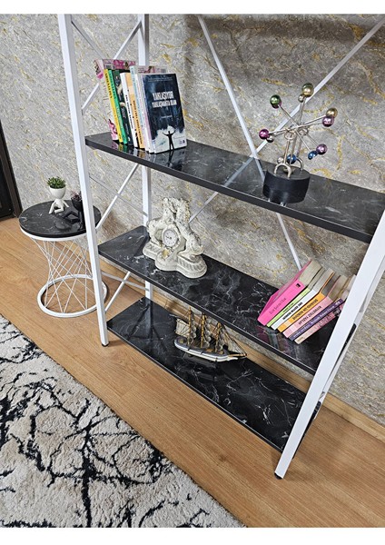 Beyaz Boyalı Kitaplık - 5 Raflı Suntalem Lüks Kitaplık Siyah Mermer fırsatları