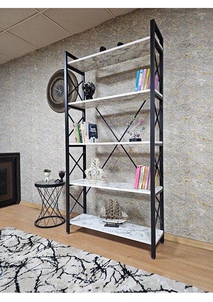 Siyah Boyalı Kitaplık - 5 Raflı Suntalem Lüks Kitaplık Beyaz Mermer