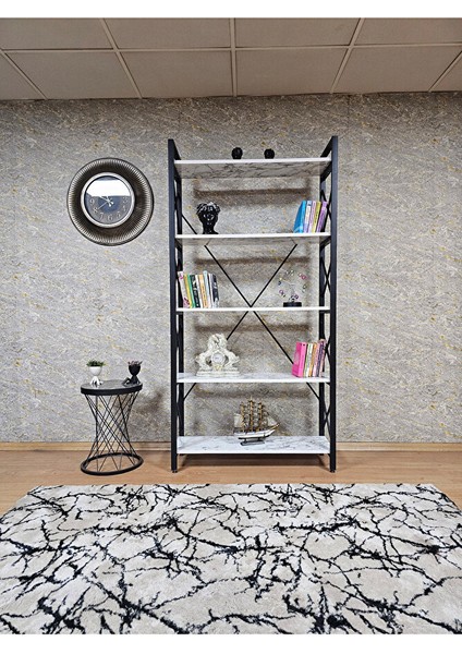 Siyah Boyalı Kitaplık - 5 Raflı Suntalem Lüks Kitaplık Beyaz Mermer fiyatları