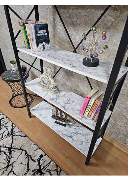 Siyah Boyalı Kitaplık - 5 Raflı Suntalem Lüks Kitaplık Beyaz Mermer fırsatları