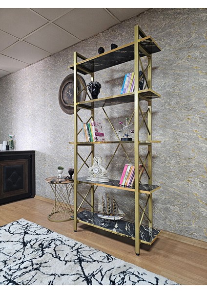 Çıkıntılı Gold Boyalı Kitaplık - 5 Raflı Suntalem Lüks Kitaplık Luand Gold Cumba