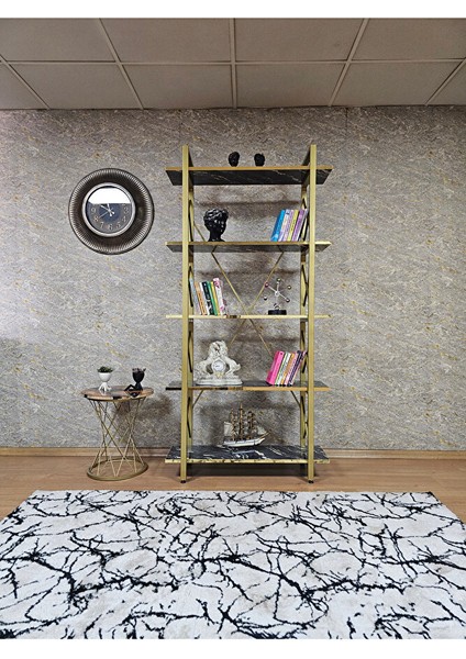 Çıkıntılı Gold Boyalı Kitaplık - 5 Raflı Suntalem Lüks Kitaplık Luand Gold Cumba fiyatları