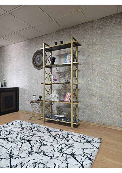 Çıkıntılı Gold Boyalı Kitaplık - 5 Raflı Suntalem Lüks Kitaplık Luand Gold Cumba modelleri