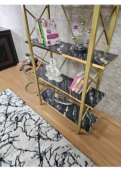 Çıkıntılı Gold Boyalı Kitaplık - 5 Raflı Suntalem Lüks Kitaplık Luand Gold Cumba fırsatları