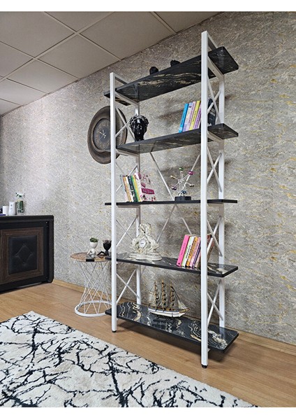 Çıkıntılı Beyaz Boyalı Kitaplık - 5 Raflı Suntalem Lüks Kitaplık Luanda